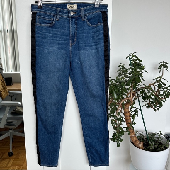 L’Agence - Margot Neptune Blue High-Rise Skinny Jeans with Black Tuxedo Stripe - Picture 2 of 11